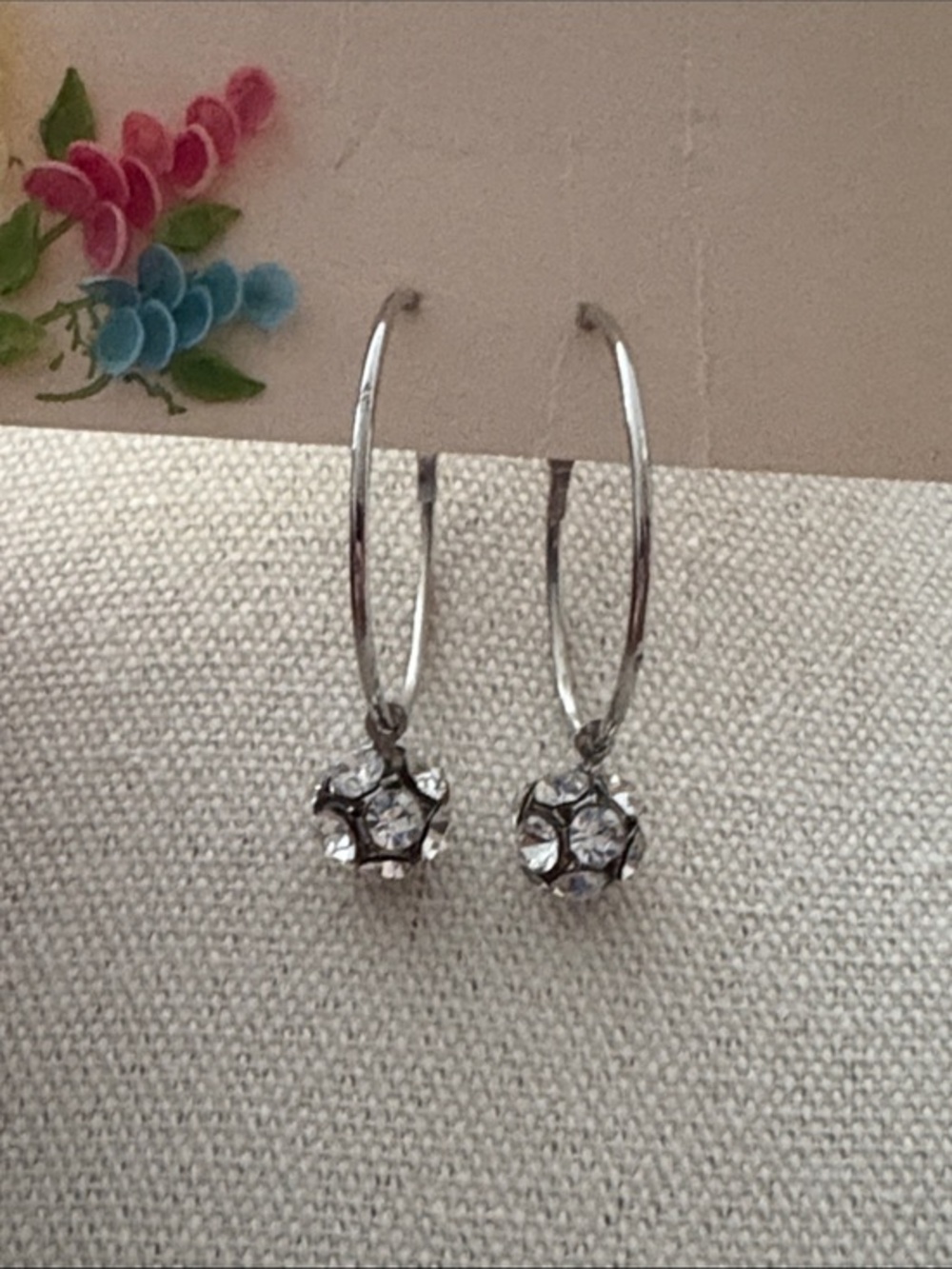 Silver Hoop Earrings with Clear Crystal Disco Balls Dangle
